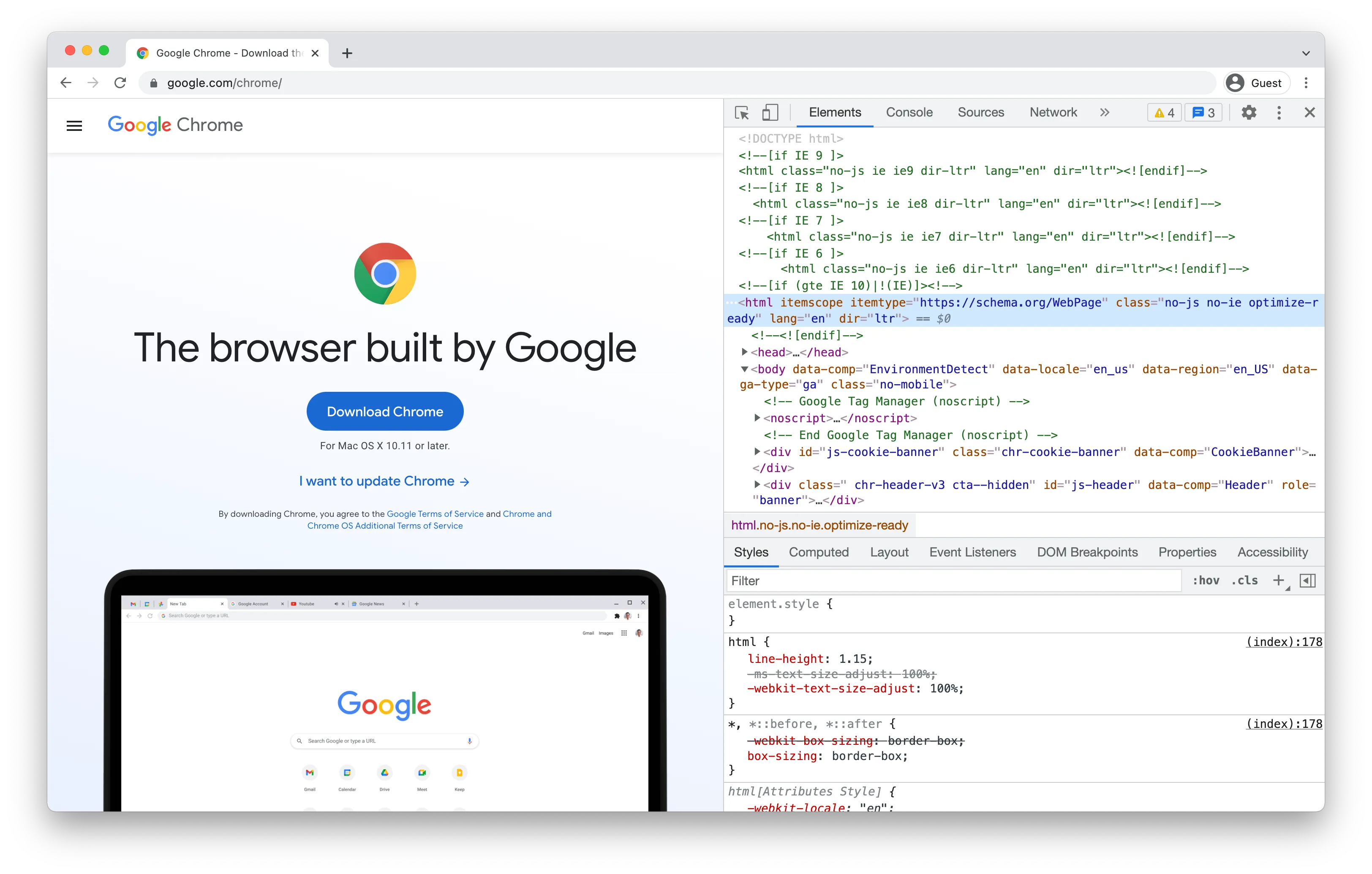 Using the DevTools available in the browser